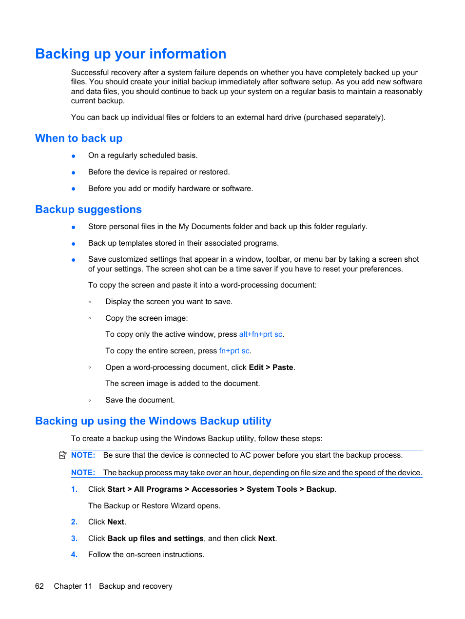 Backing up your information, When to back up, Backup suggestions | Backing up using the windows backup utility | HP Mini 1132TU PC User Manual | Page 72 / 86