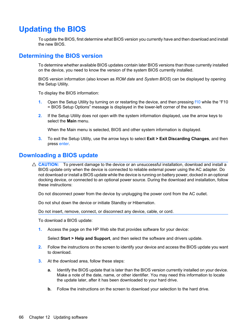 Updating the bios, Determining the bios version, Downloading a bios update | HP Mini 1132TU PC User Manual | Page 76 / 86