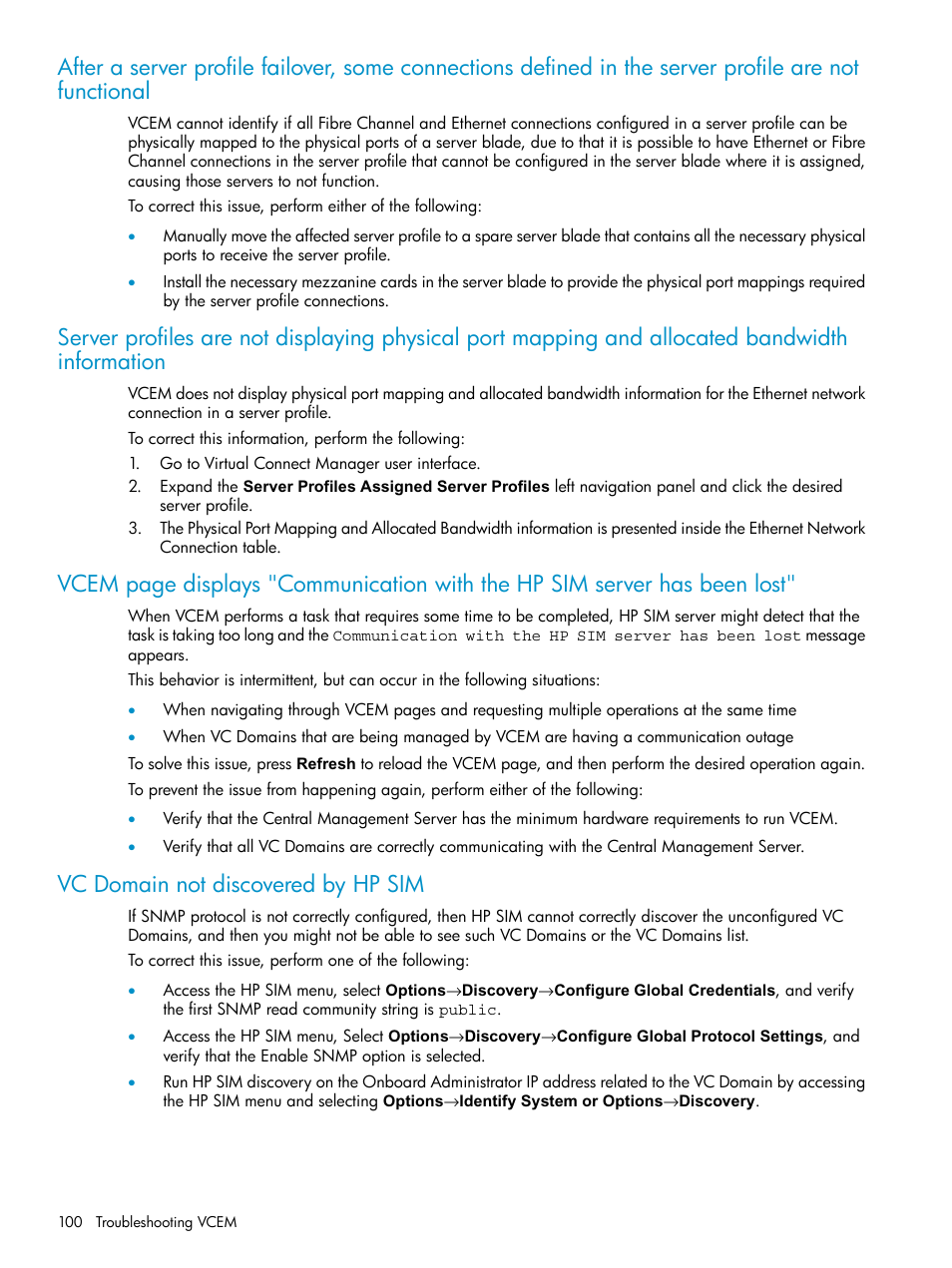 Vc domain not discovered by hp sim | HP Virtual Connect Enterprise Manager Software User Manual | Page 100 / 111