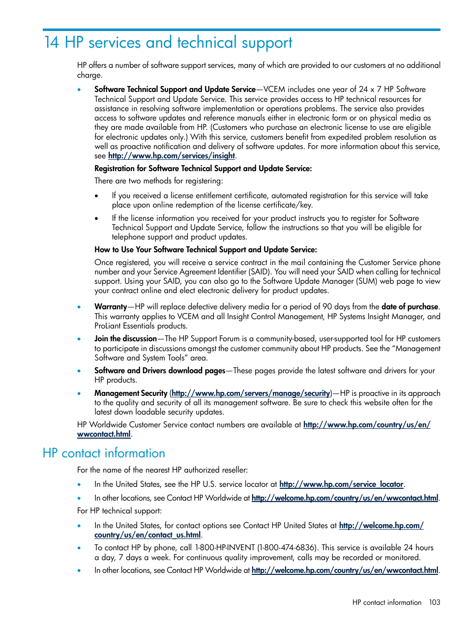 14 hp services and technical support, Hp contact information | HP Virtual Connect Enterprise Manager Software User Manual | Page 103 / 111