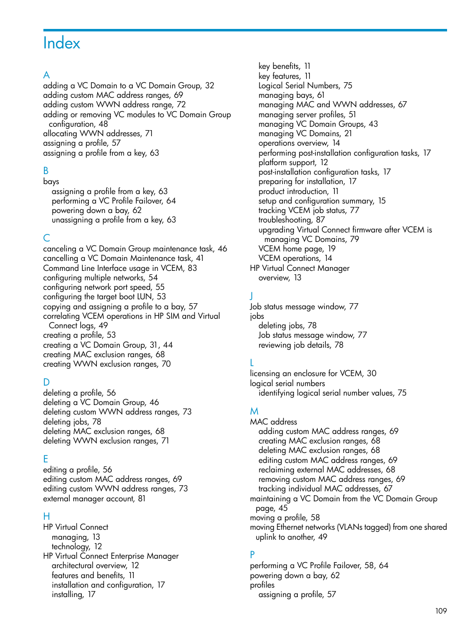 Index | HP Virtual Connect Enterprise Manager Software User Manual | Page 109 / 111