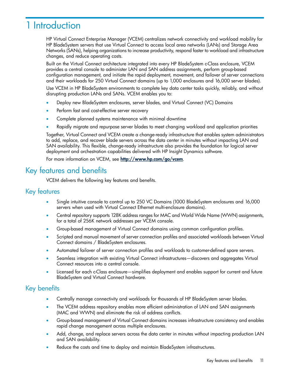 1 introduction, Key features and benefits, Key features | Key benefits, Key features key benefits | HP Virtual Connect Enterprise Manager Software User Manual | Page 11 / 111