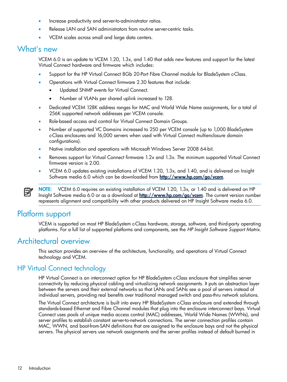 What's new, Platform support, Architectural overview | Hp virtual connect technology, What's new platform support architectural overview | HP Virtual Connect Enterprise Manager Software User Manual | Page 12 / 111