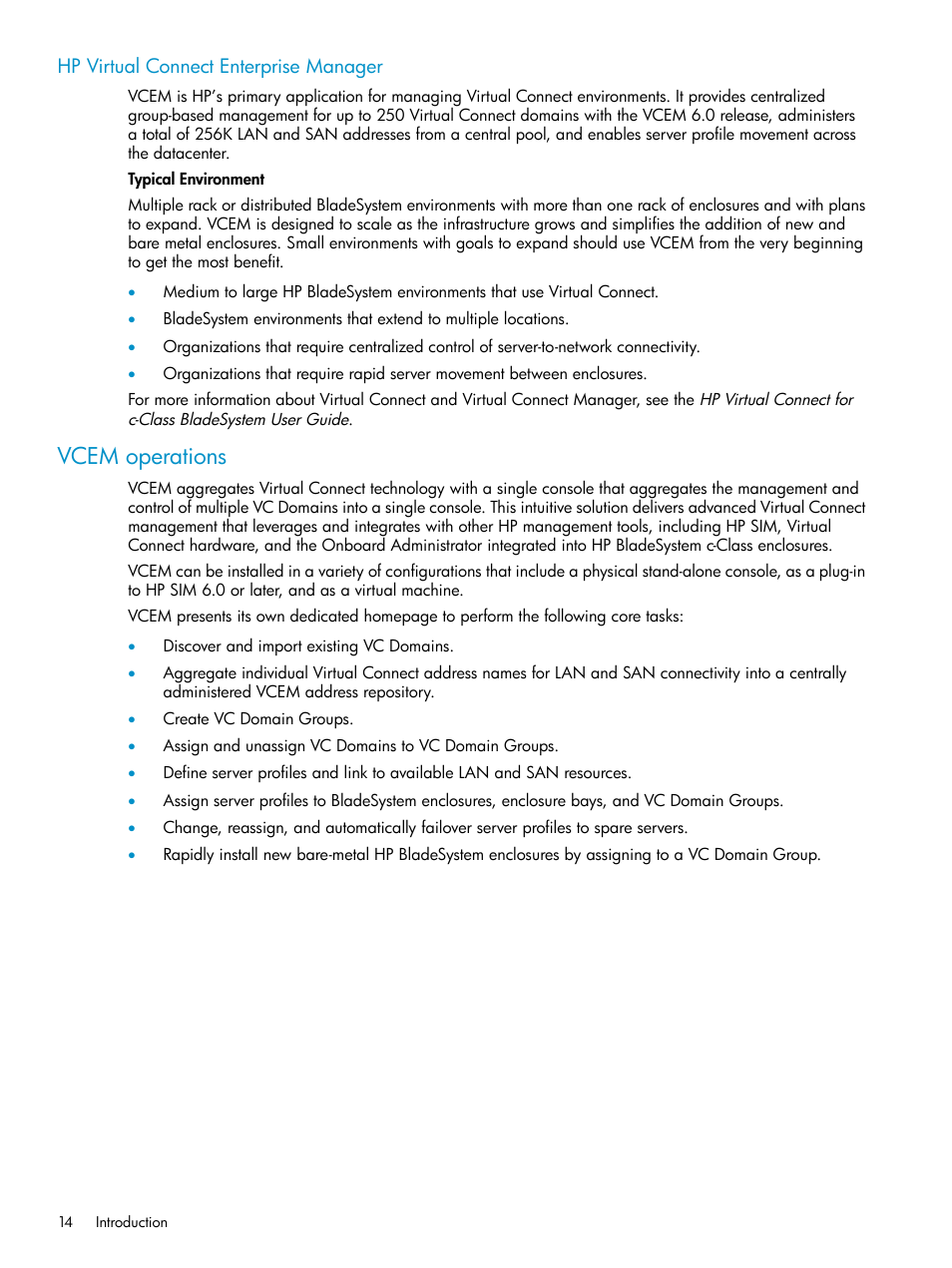 Hp virtual connect enterprise manager, Vcem operations | HP Virtual Connect Enterprise Manager Software User Manual | Page 14 / 111