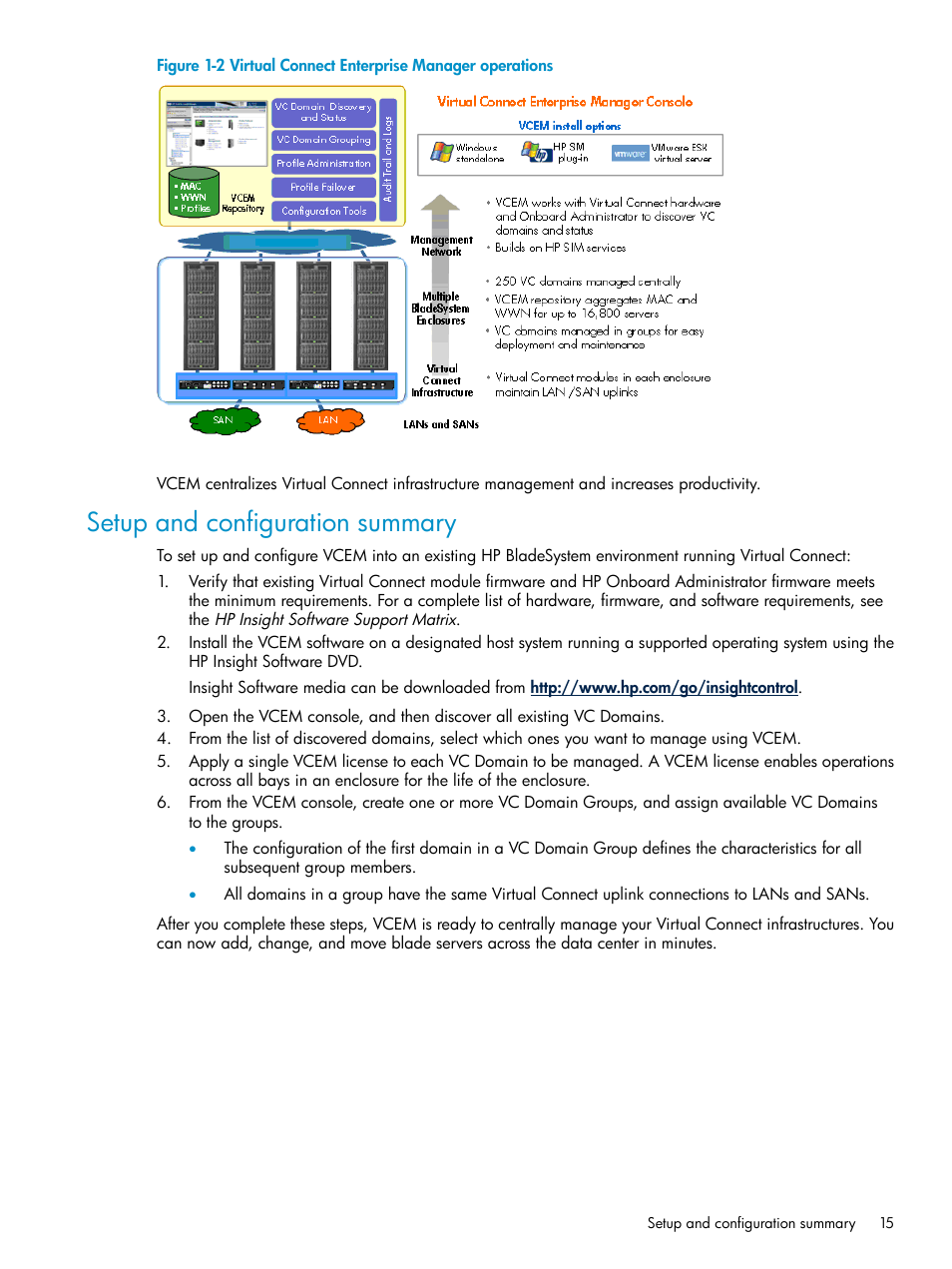 Setup and configuration summary, Virtual connect enterprise manager operations | HP Virtual Connect Enterprise Manager Software User Manual | Page 15 / 111