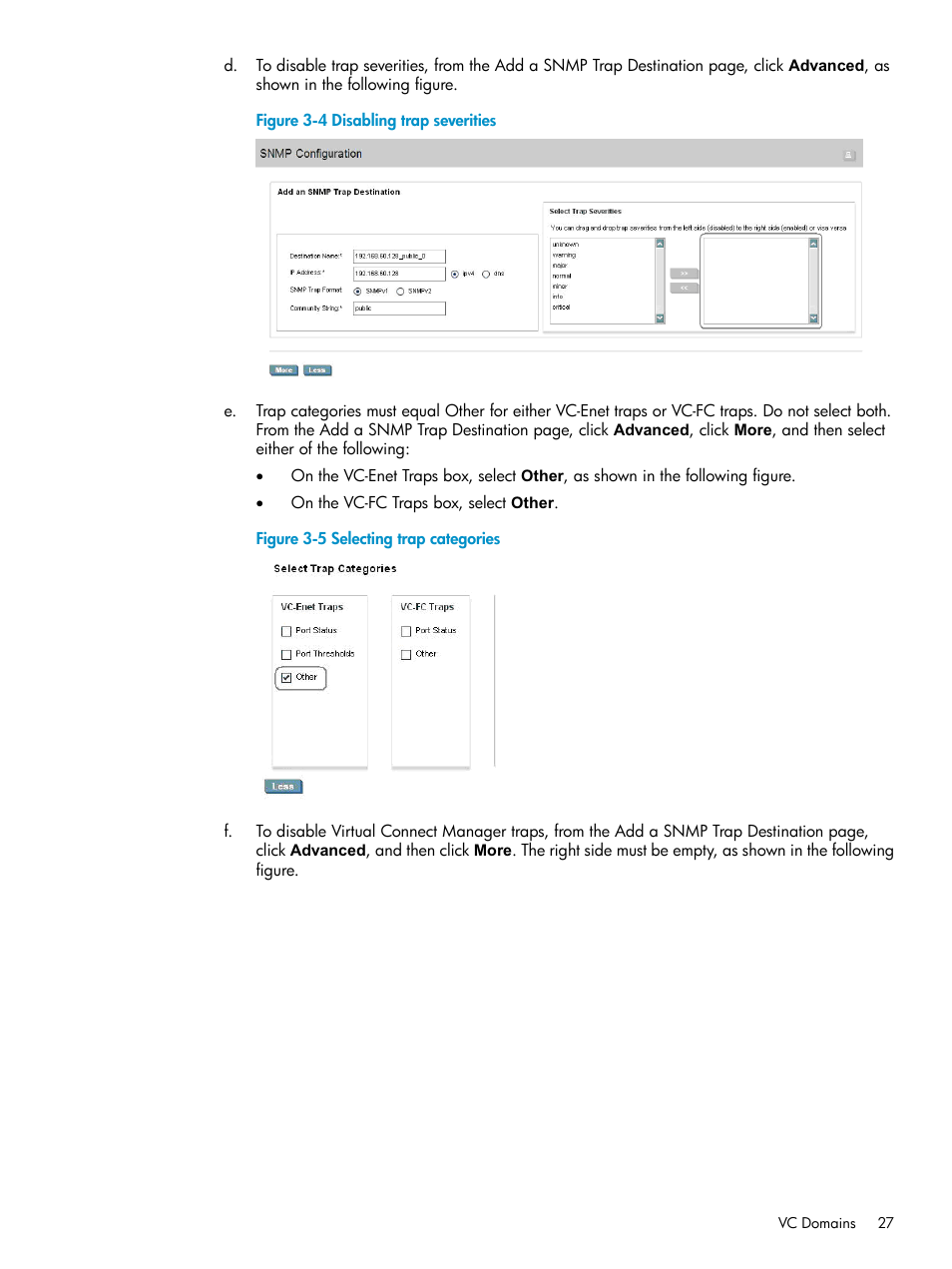 Disabling trap severities, Selecting trap categories | HP Virtual Connect Enterprise Manager Software User Manual | Page 27 / 111