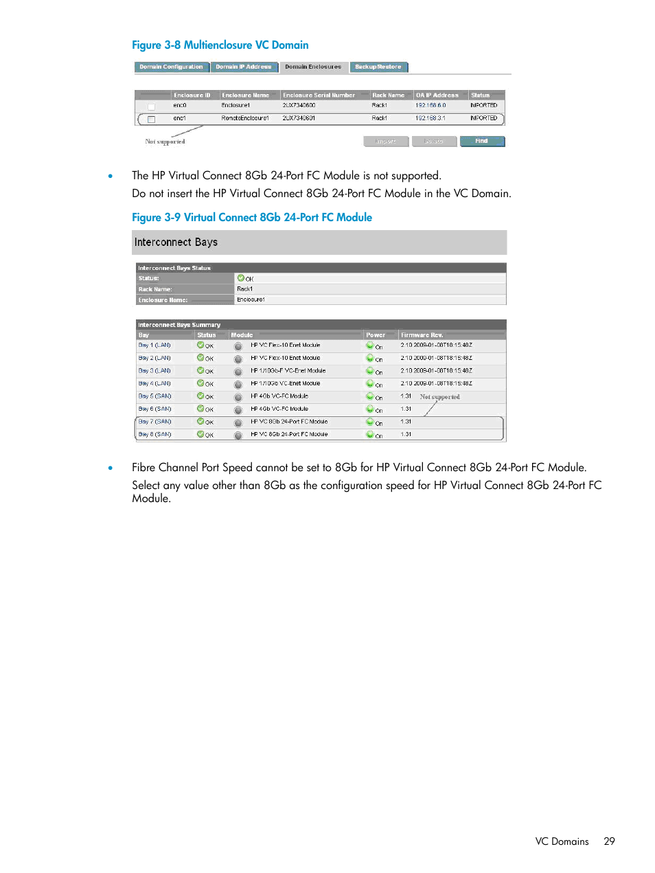 Multienclosure vc domain, Virtual connect 8gb 24-port fc module | HP Virtual Connect Enterprise Manager Software User Manual | Page 29 / 111