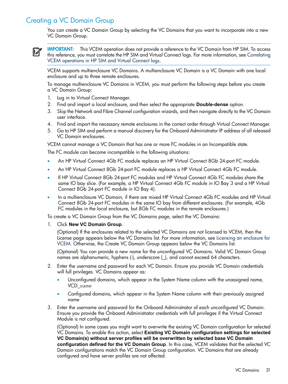 Creating a vc domain group | HP Virtual Connect Enterprise Manager Software User Manual | Page 31 / 111