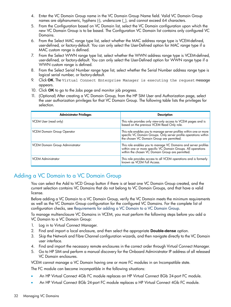 Adding a vc domain to a vc domain group | HP Virtual Connect Enterprise Manager Software User Manual | Page 32 / 111