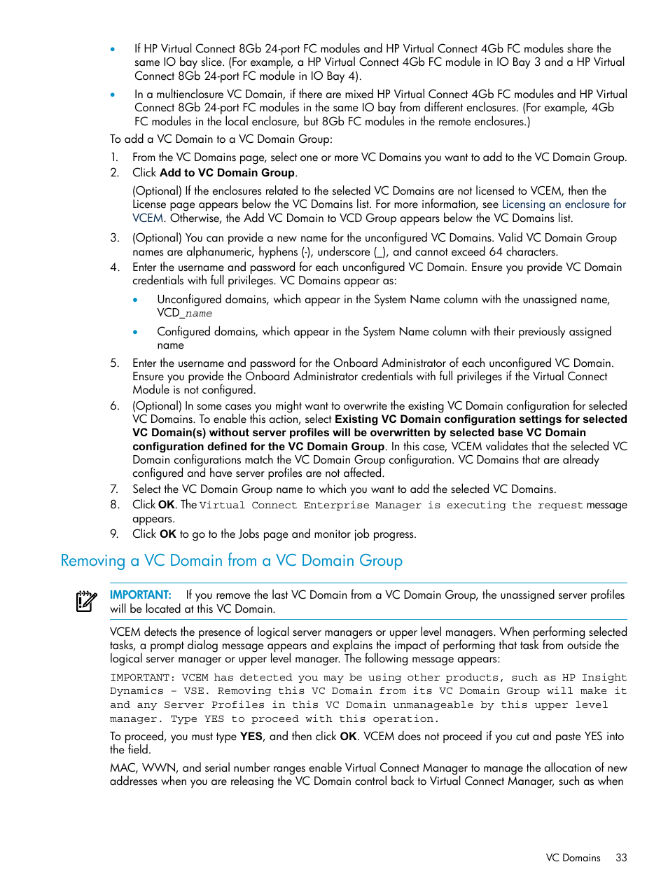 Removing a vc domain from a vc domain group | HP Virtual Connect Enterprise Manager Software User Manual | Page 33 / 111