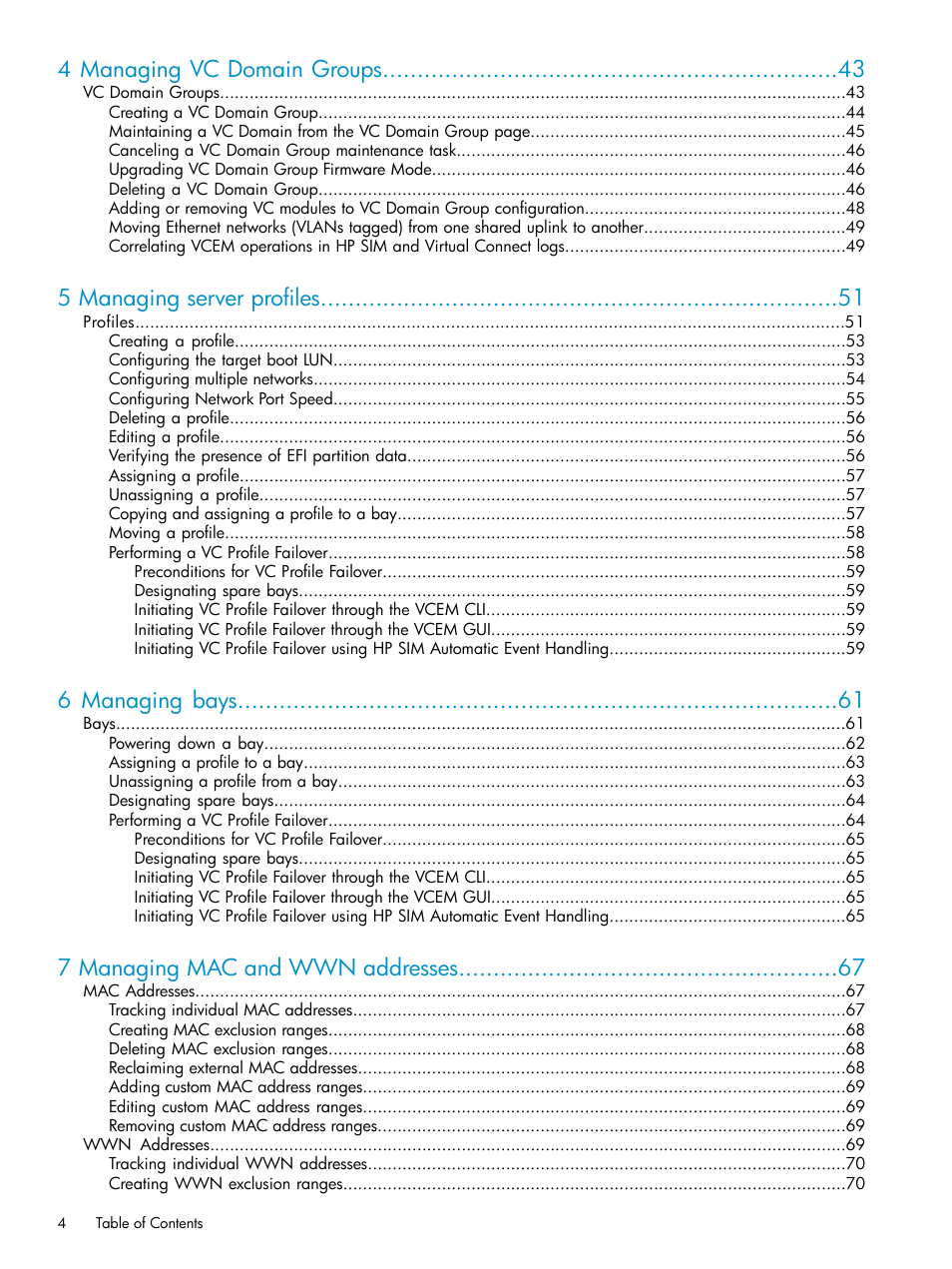 4 managing vc domain groups, 5 managing server profiles, 6 managing bays | 7 managing mac and wwn addresses | HP Virtual Connect Enterprise Manager Software User Manual | Page 4 / 111