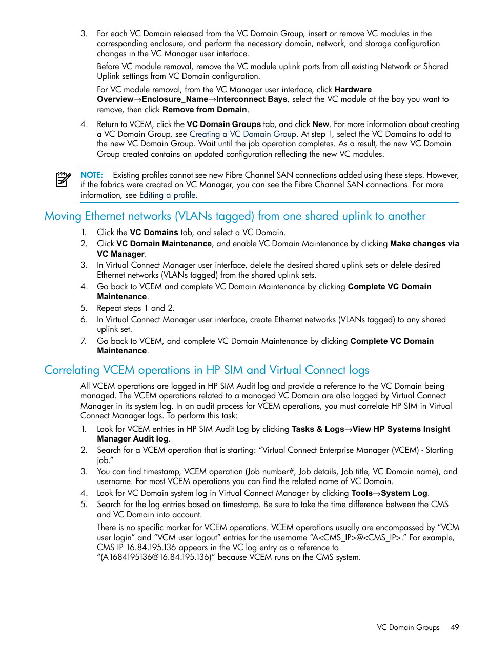 Correlating, Vcem operations in hp sim and virtual connect logs | HP Virtual Connect Enterprise Manager Software User Manual | Page 49 / 111