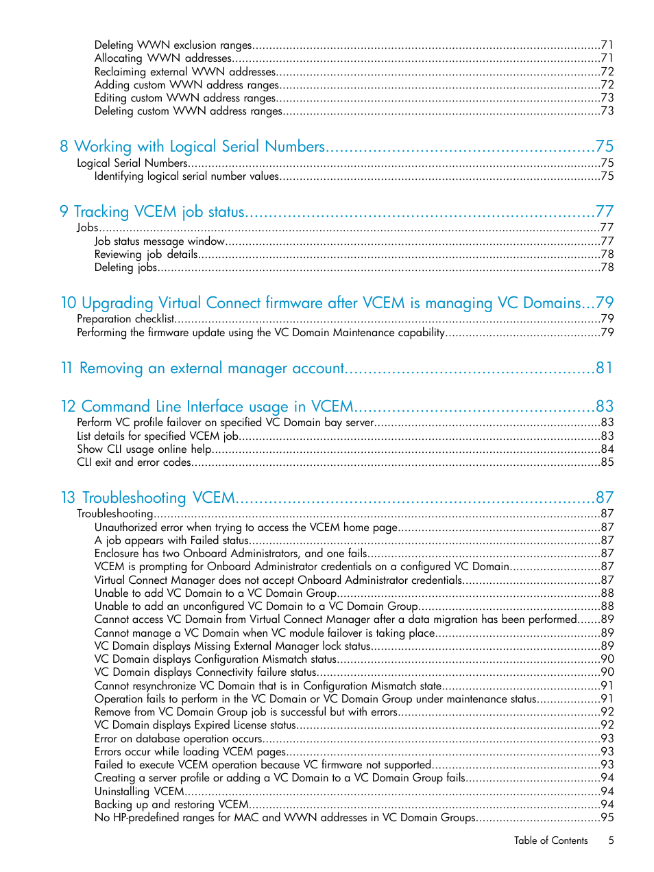 8 working with logical serial numbers, 9 tracking vcem job status, 13 troubleshooting vcem | HP Virtual Connect Enterprise Manager Software User Manual | Page 5 / 111