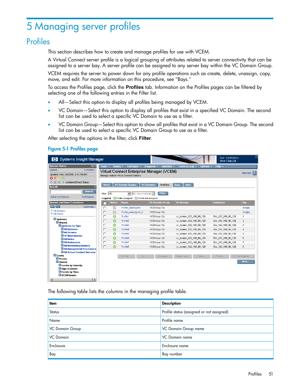 5 managing server profiles, Profiles | HP Virtual Connect Enterprise Manager Software User Manual | Page 51 / 111