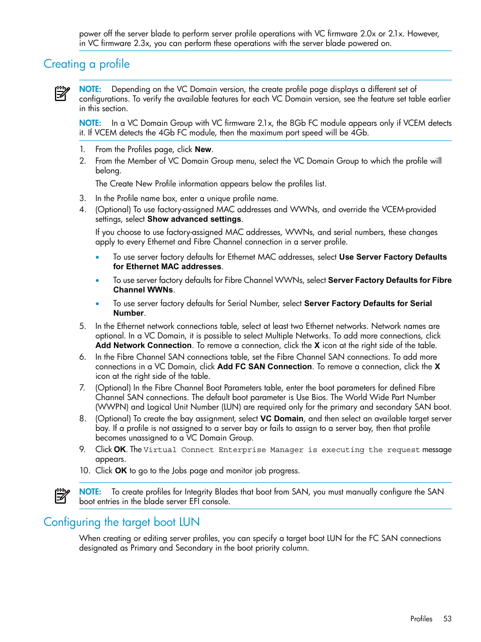 Creating a profile, Configuring the target boot lun, Creating a profile configuring the target boot lun | HP Virtual Connect Enterprise Manager Software User Manual | Page 53 / 111