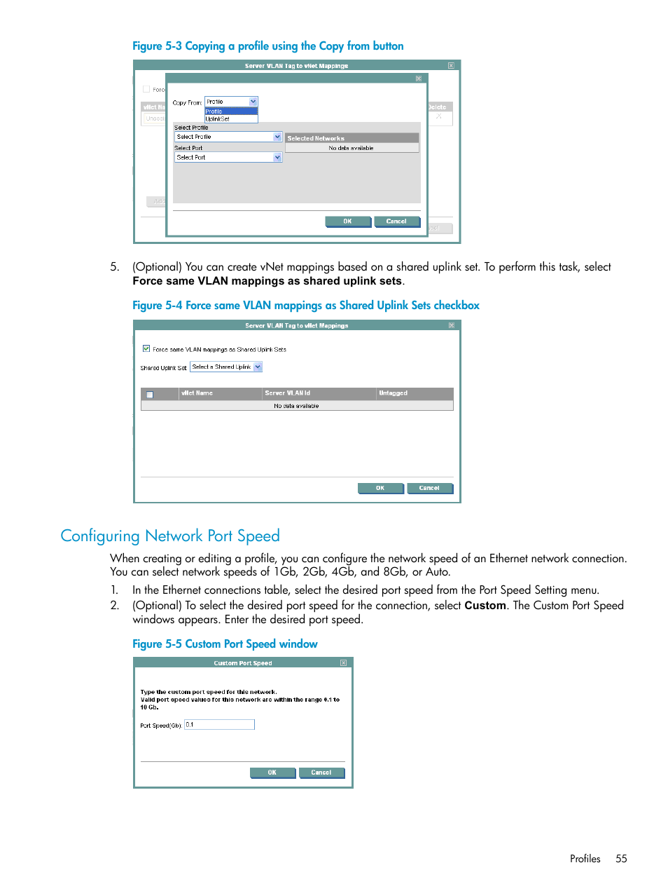 Configuring network port speed, Copying a profile using the copy from button, Custom port speed window | HP Virtual Connect Enterprise Manager Software User Manual | Page 55 / 111