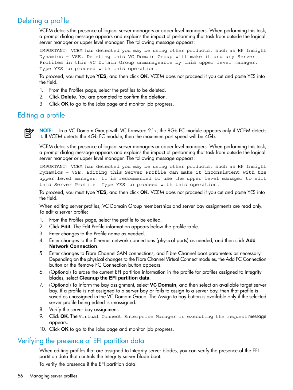 Deleting a profile, Editing a profile, Verifying the presence of efi partition data | HP Virtual Connect Enterprise Manager Software User Manual | Page 56 / 111