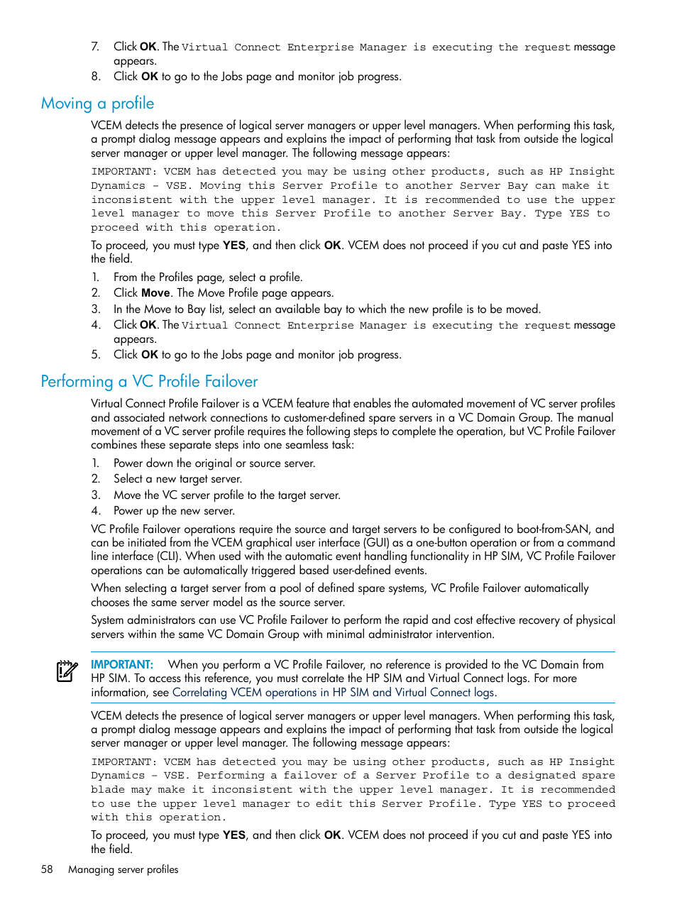 Moving a profile, Performing a vc profile failover, Moving a profile performing a vc profile failover | HP Virtual Connect Enterprise Manager Software User Manual | Page 58 / 111