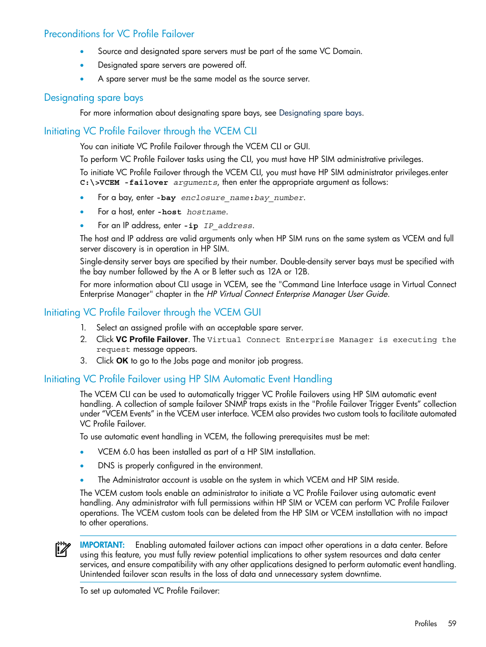 Preconditions for vc profile failover, Designating spare bays | HP Virtual Connect Enterprise Manager Software User Manual | Page 59 / 111