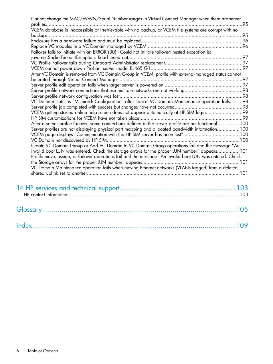 14 hp services and technical support, Glossary index | HP Virtual Connect Enterprise Manager Software User Manual | Page 6 / 111