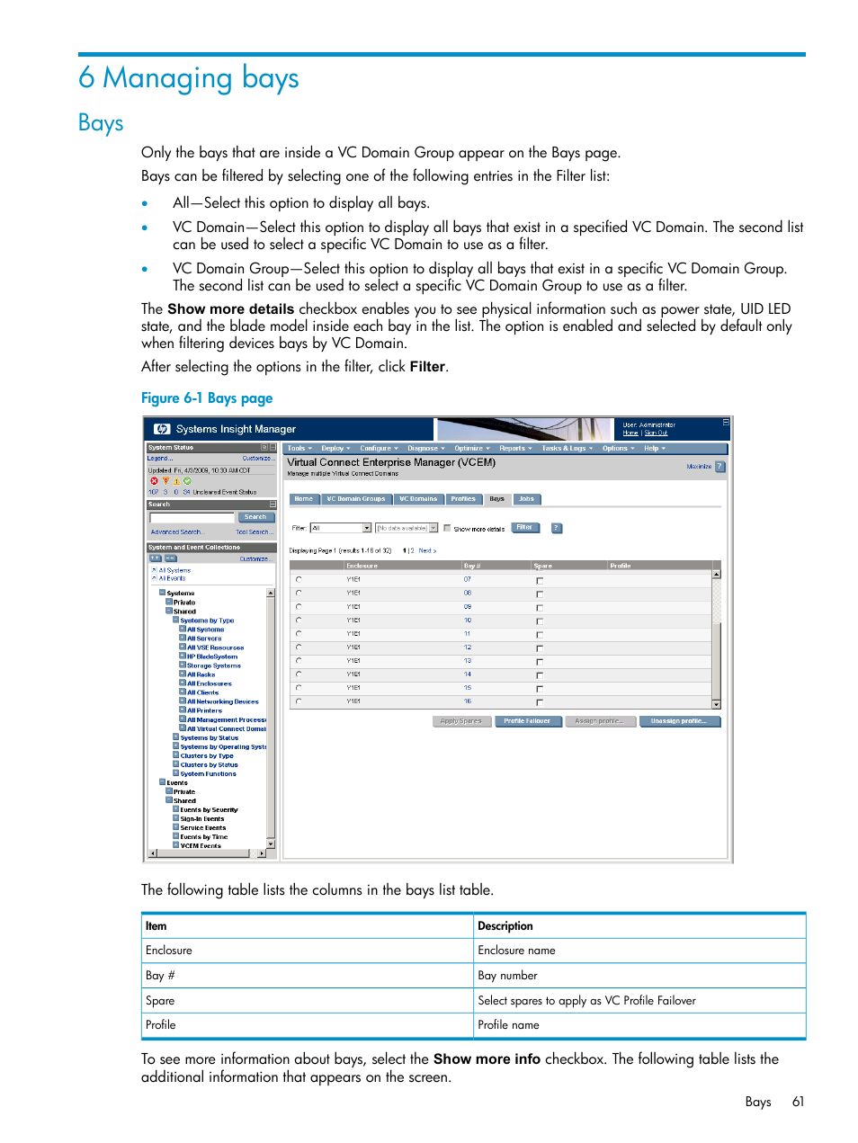 6 managing bays, Bays | HP Virtual Connect Enterprise Manager Software User Manual | Page 61 / 111