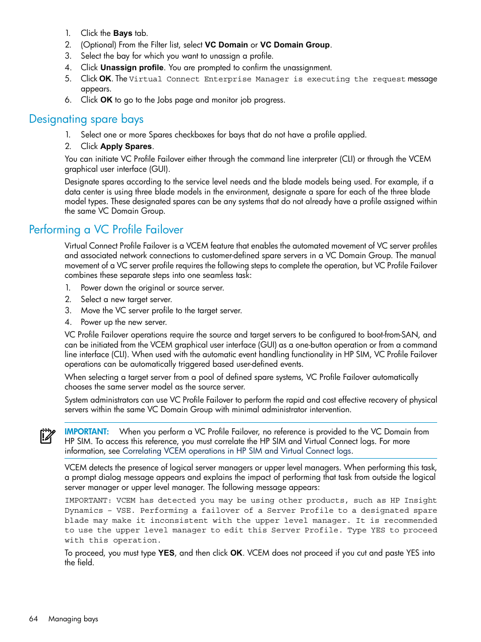 Designating spare bays, Performing a vc profile failover | HP Virtual Connect Enterprise Manager Software User Manual | Page 64 / 111