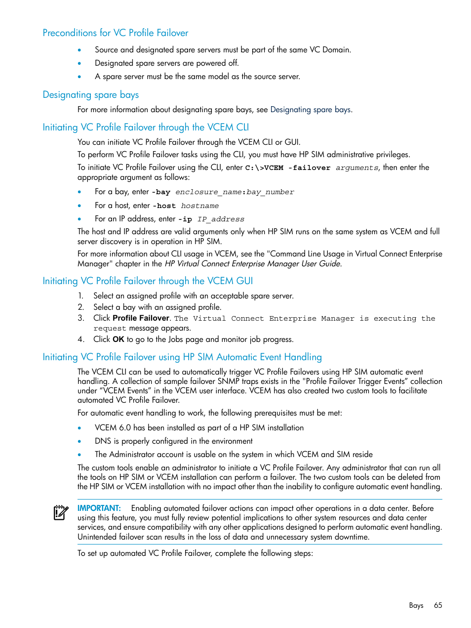 Preconditions for vc profile failover, Designating spare bays | HP Virtual Connect Enterprise Manager Software User Manual | Page 65 / 111