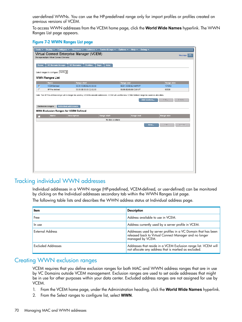 Tracking individual wwn addresses, Creating wwn exclusion ranges | HP Virtual Connect Enterprise Manager Software User Manual | Page 70 / 111