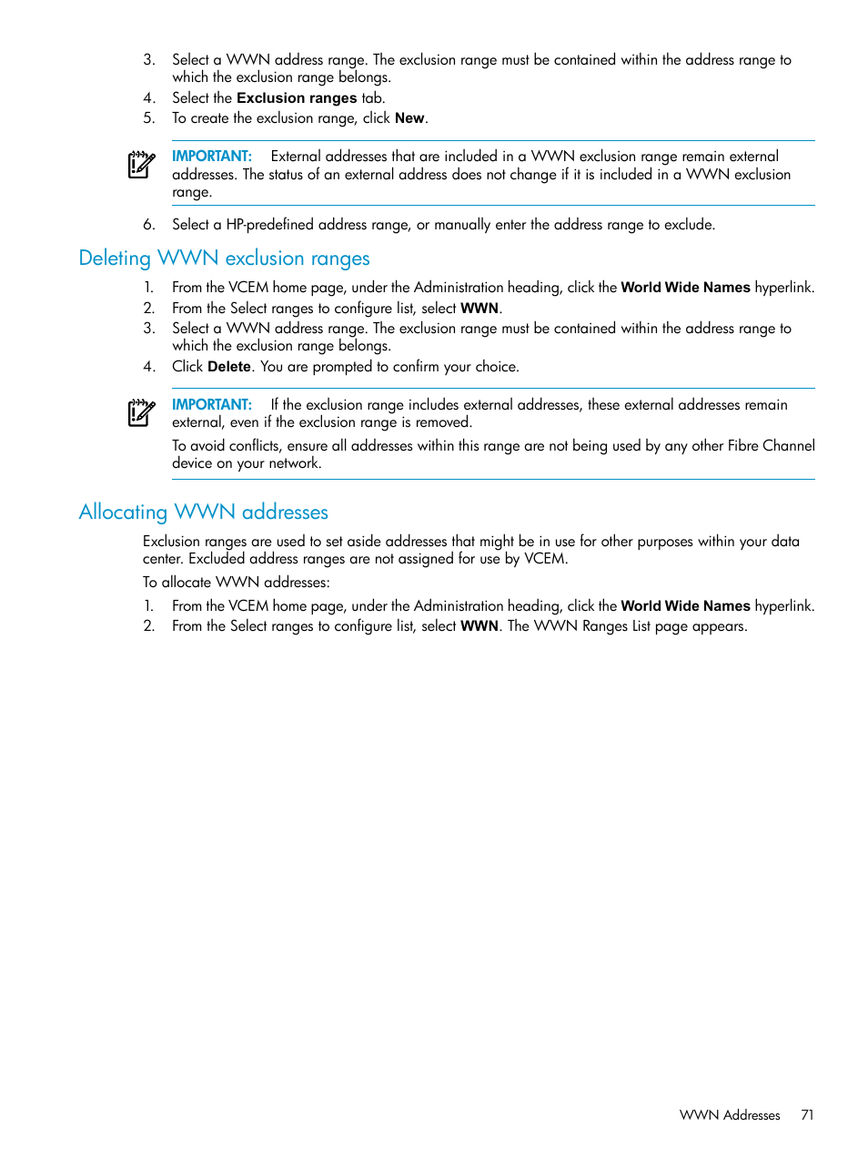 Deleting wwn exclusion ranges, Allocating wwn addresses | HP Virtual Connect Enterprise Manager Software User Manual | Page 71 / 111