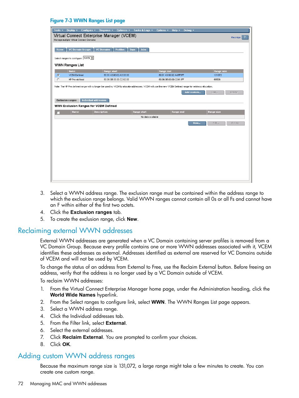 Reclaiming external wwn addresses, Adding custom wwn address ranges | HP Virtual Connect Enterprise Manager Software User Manual | Page 72 / 111