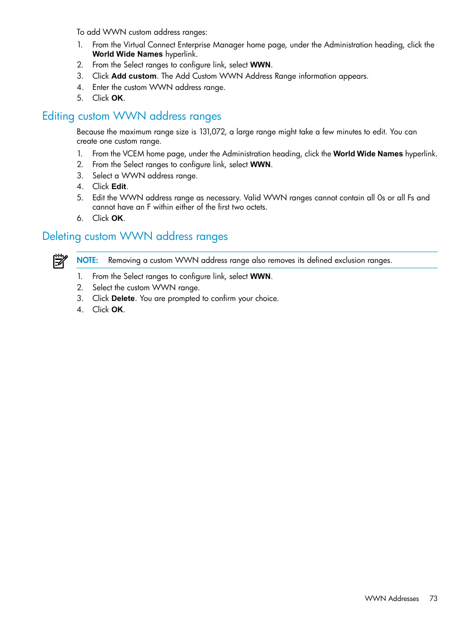 Editing custom wwn address ranges, Deleting custom wwn address ranges | HP Virtual Connect Enterprise Manager Software User Manual | Page 73 / 111