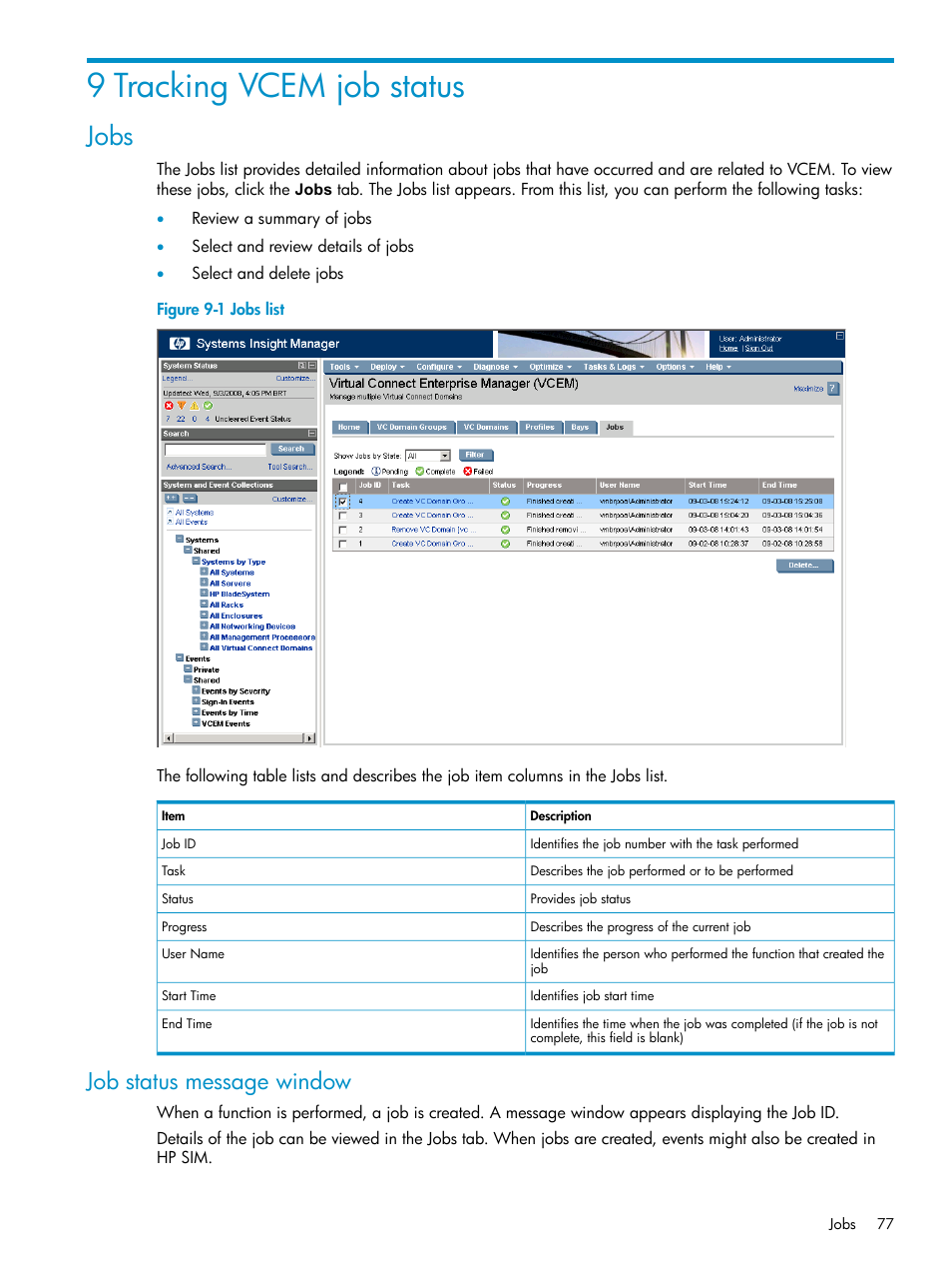 9 tracking vcem job status, Jobs, Job status message window | Jobs list | HP Virtual Connect Enterprise Manager Software User Manual | Page 77 / 111