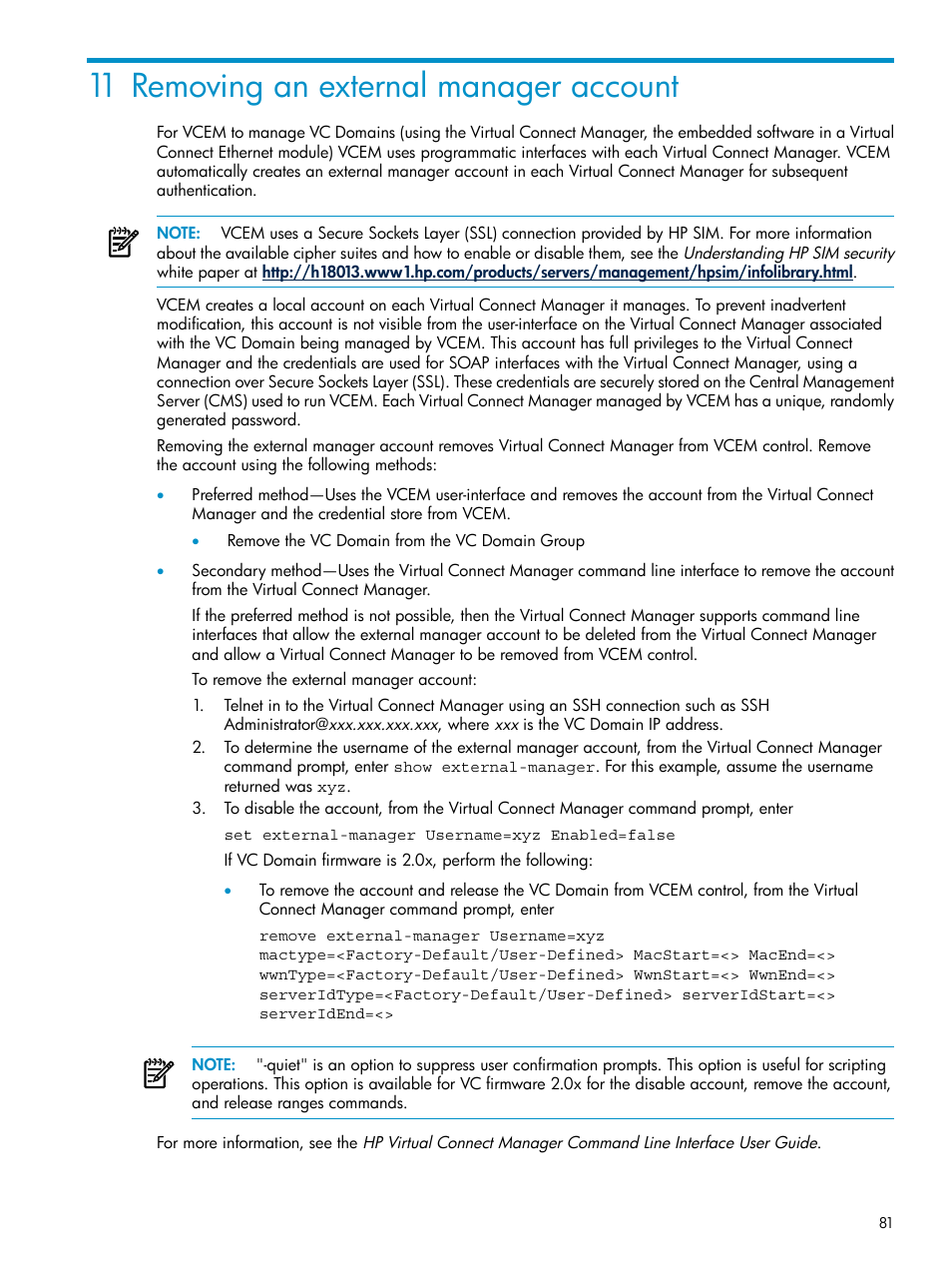 11 removing an external manager account | HP Virtual Connect Enterprise Manager Software User Manual | Page 81 / 111