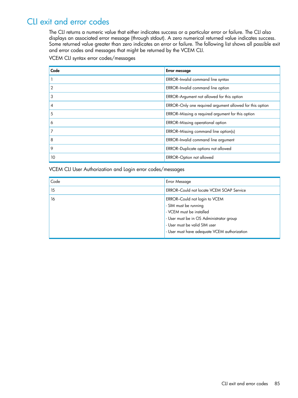 Cli exit and error codes | HP Virtual Connect Enterprise Manager Software User Manual | Page 85 / 111