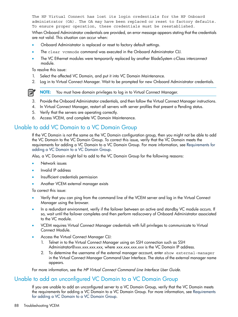 Unable to add vc domain to a vc domain group | HP Virtual Connect Enterprise Manager Software User Manual | Page 88 / 111