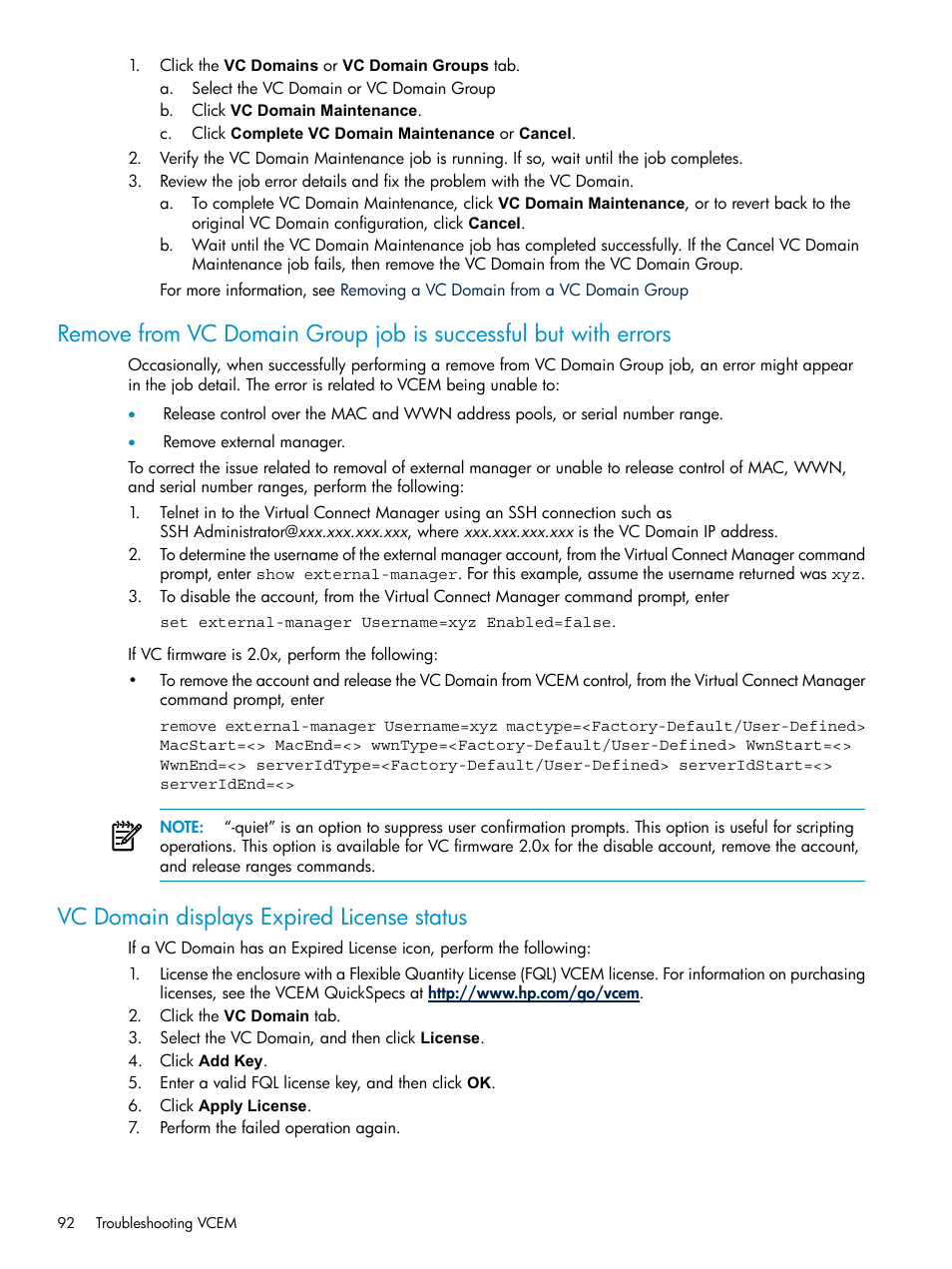 Vc domain displays expired license status | HP Virtual Connect Enterprise Manager Software User Manual | Page 92 / 111