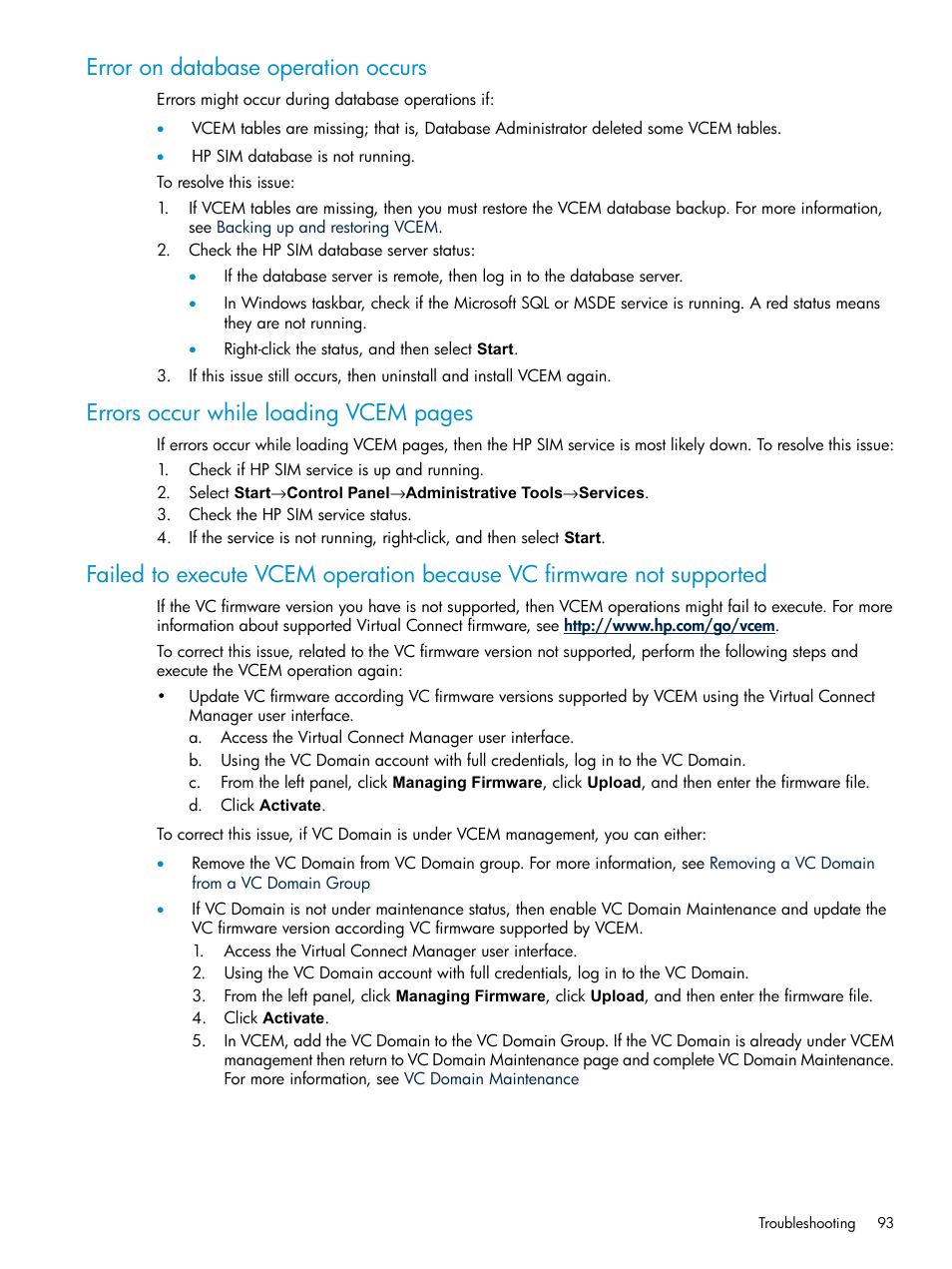 Error on database operation occurs, Errors occur while loading vcem pages | HP Virtual Connect Enterprise Manager Software User Manual | Page 93 / 111