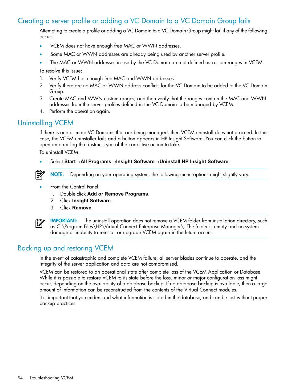 Uninstalling vcem, Backing up and restoring vcem | HP Virtual Connect Enterprise Manager Software User Manual | Page 94 / 111