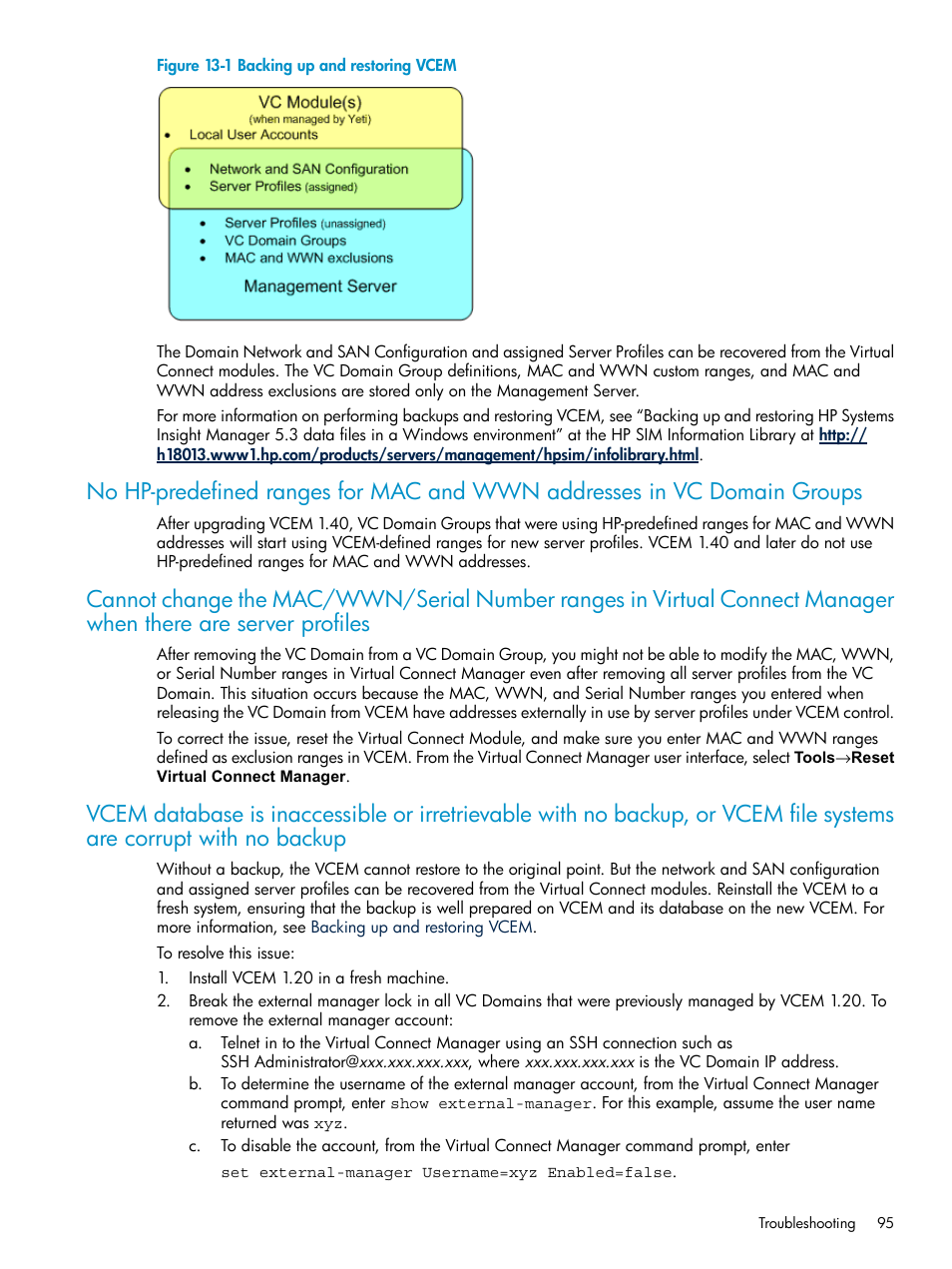 Backing up and restoring vcem | HP Virtual Connect Enterprise Manager Software User Manual | Page 95 / 111