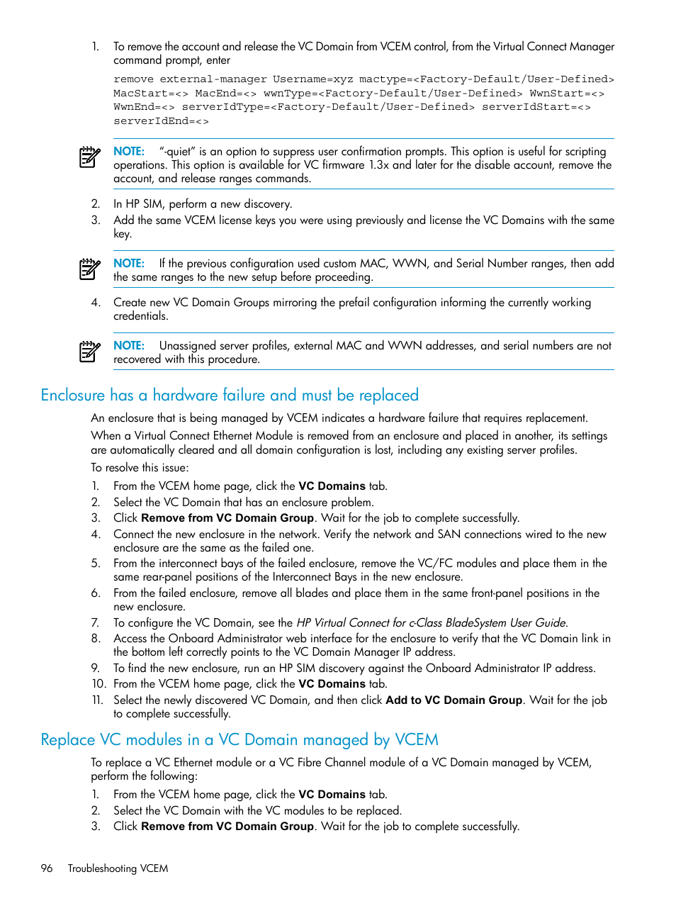 Replace vc modules in a vc domain managed by vcem | HP Virtual Connect Enterprise Manager Software User Manual | Page 96 / 111