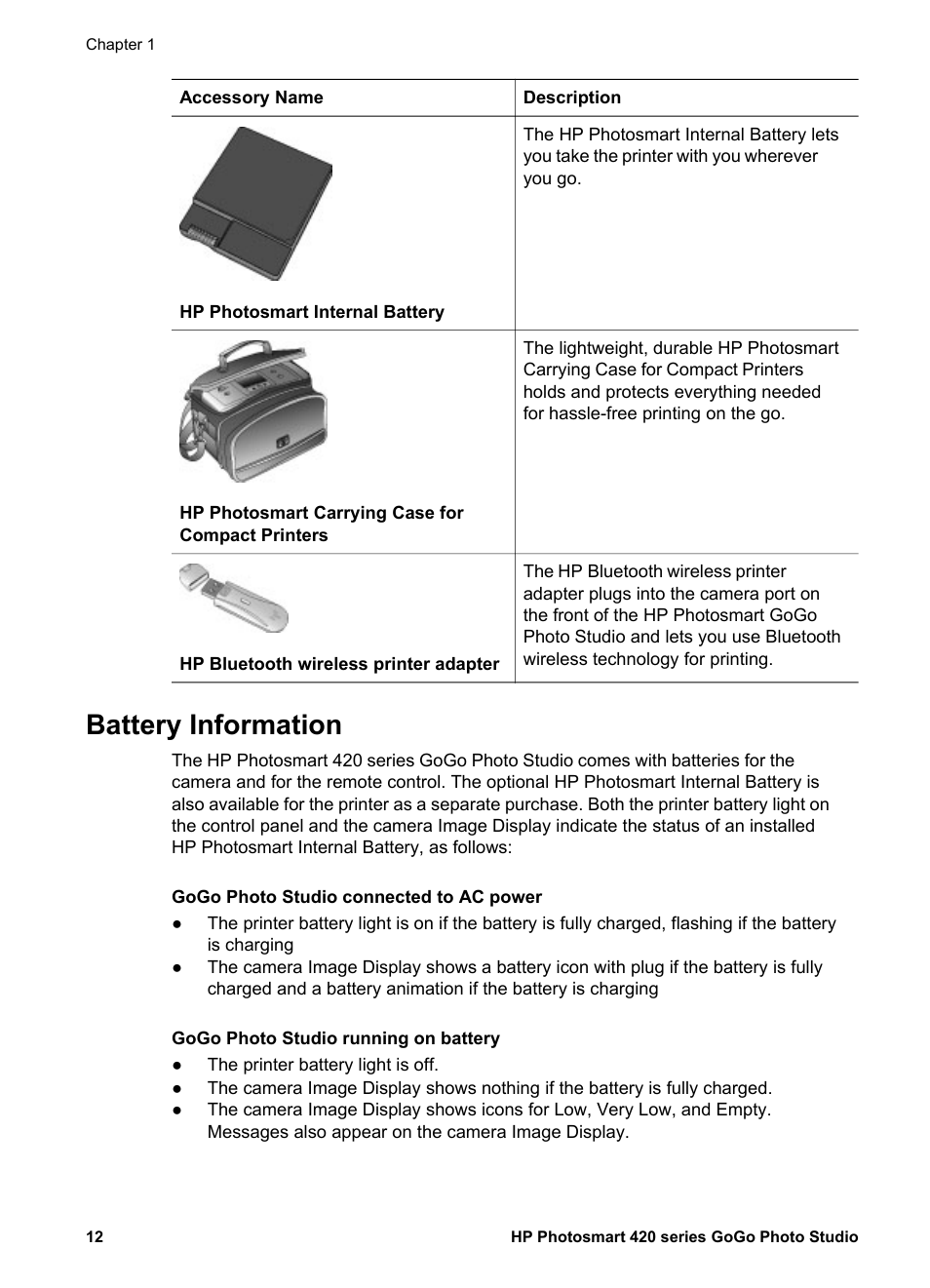Battery information | HP Photosmart 422 Portable Photo Studio User Manual | Page 17 / 61