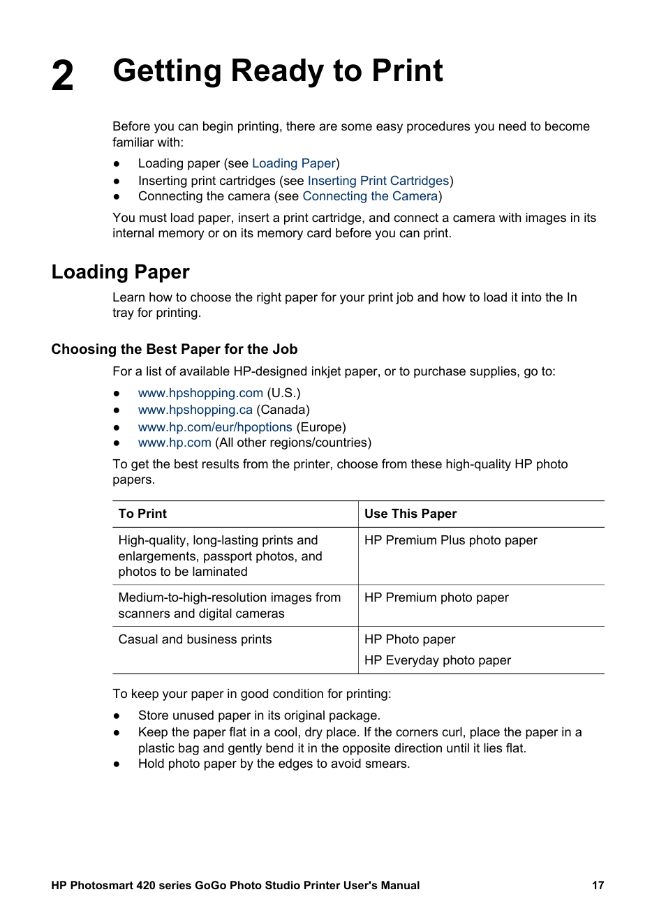 Getting ready to print, Loading paper, Choosing the best paper for the job | Getting ready to print loading paper | HP Photosmart 422 Portable Photo Studio User Manual | Page 22 / 61