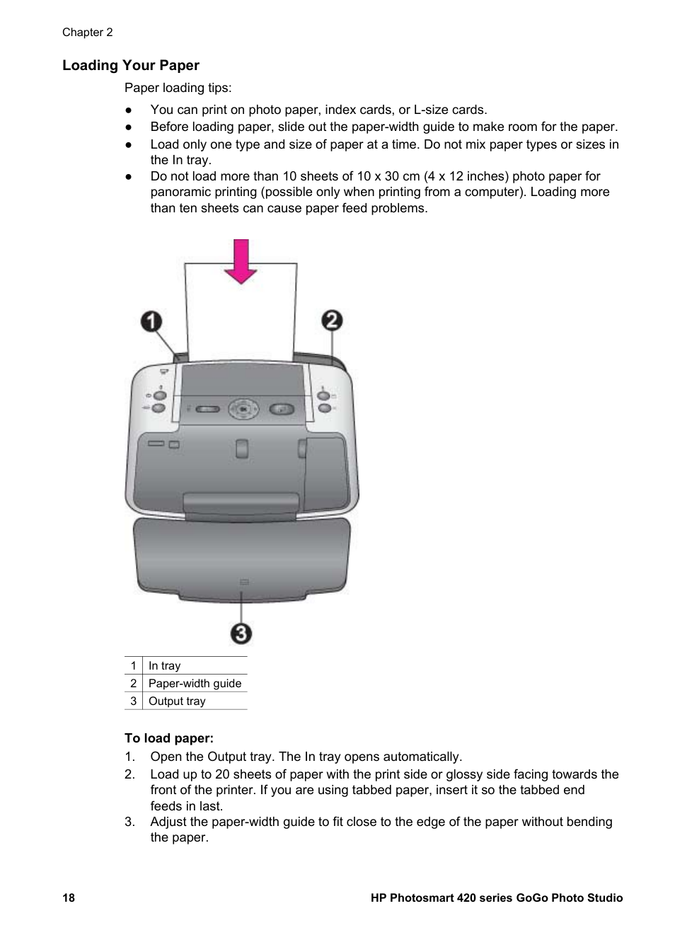 Loading your paper | HP Photosmart 422 Portable Photo Studio User Manual | Page 23 / 61