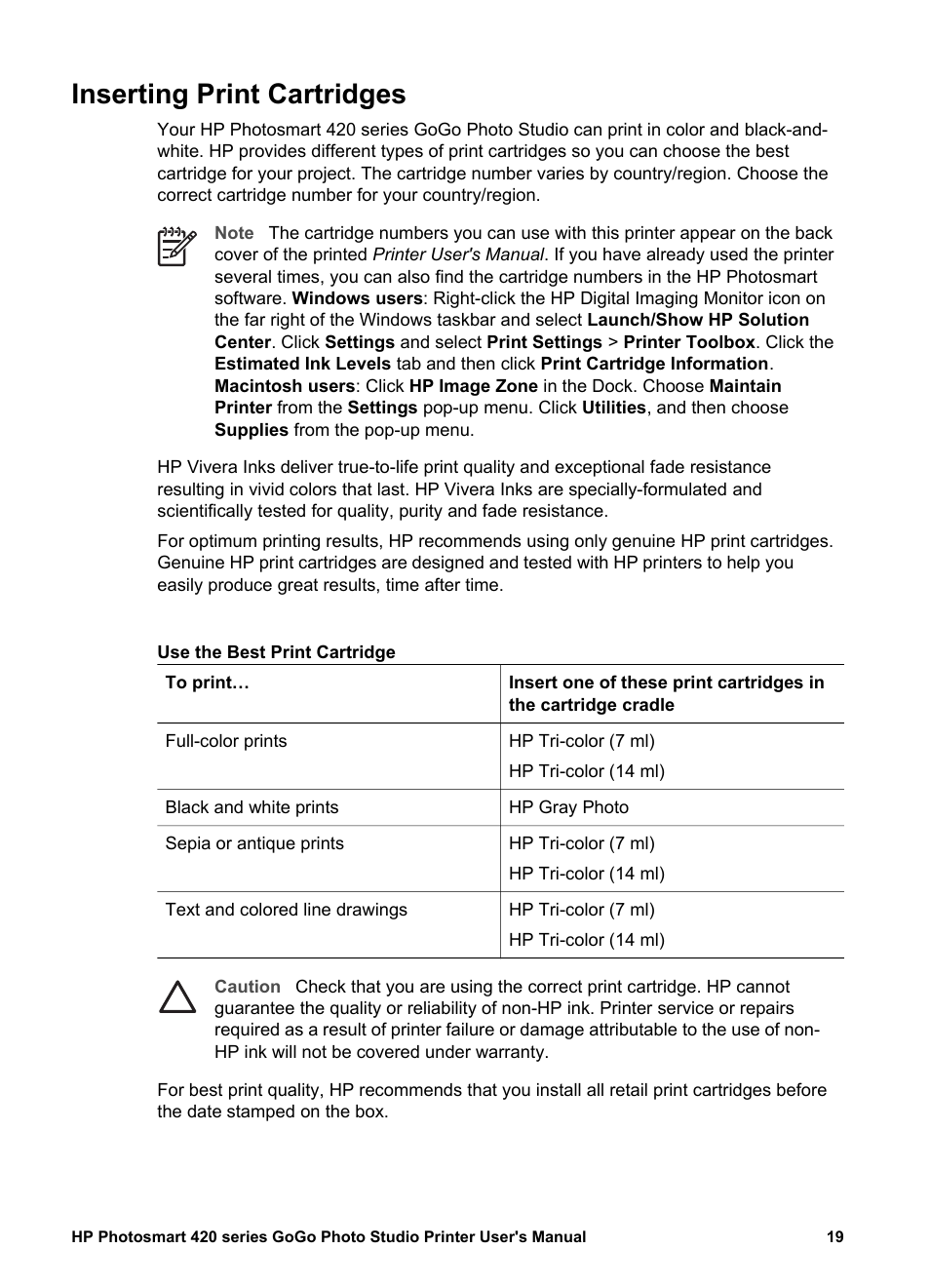 Inserting print cartridges, Inserting print cartridges (see | HP Photosmart 422 Portable Photo Studio User Manual | Page 24 / 61