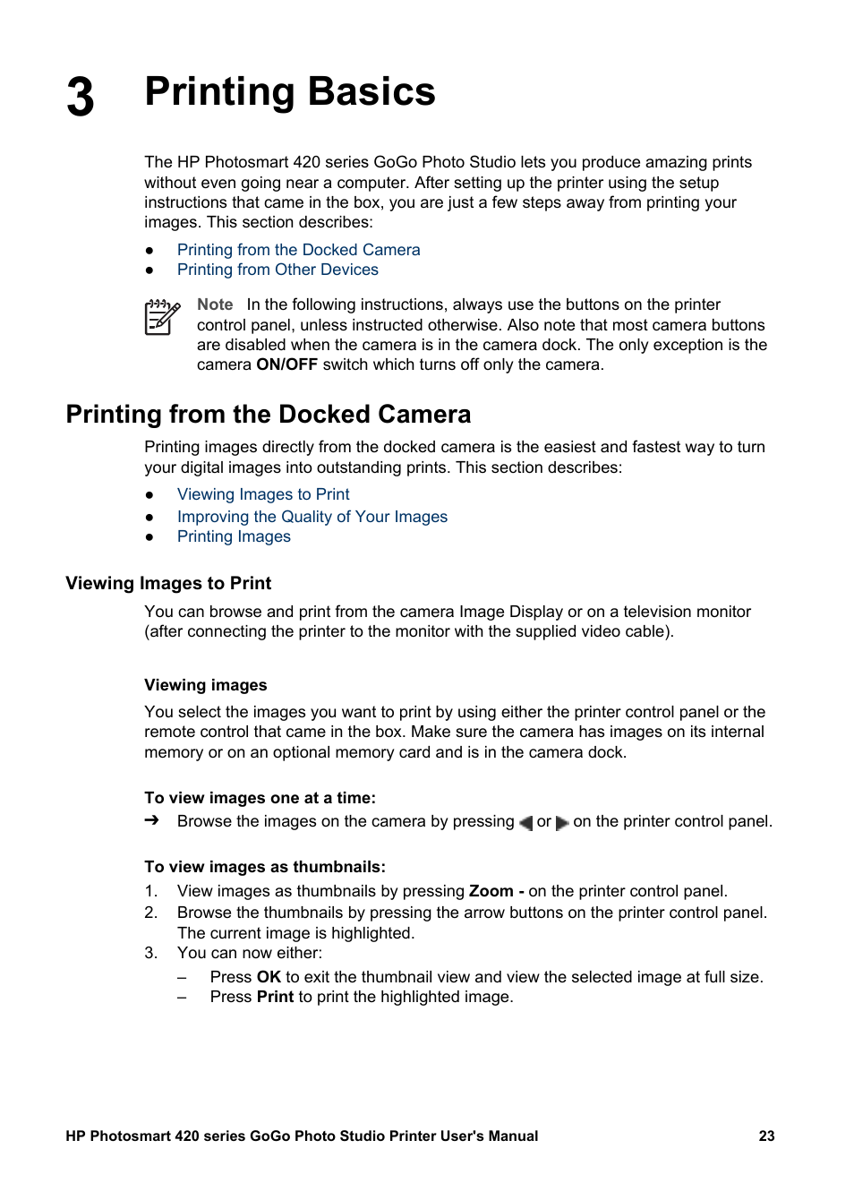 Printing basics, Printing from the docked camera, Viewing images to print | Viewing images, Viewing images on a tv, Printing basics printing from the docked camera, Viewing images viewing images on a tv | HP Photosmart 422 Portable Photo Studio User Manual | Page 28 / 61