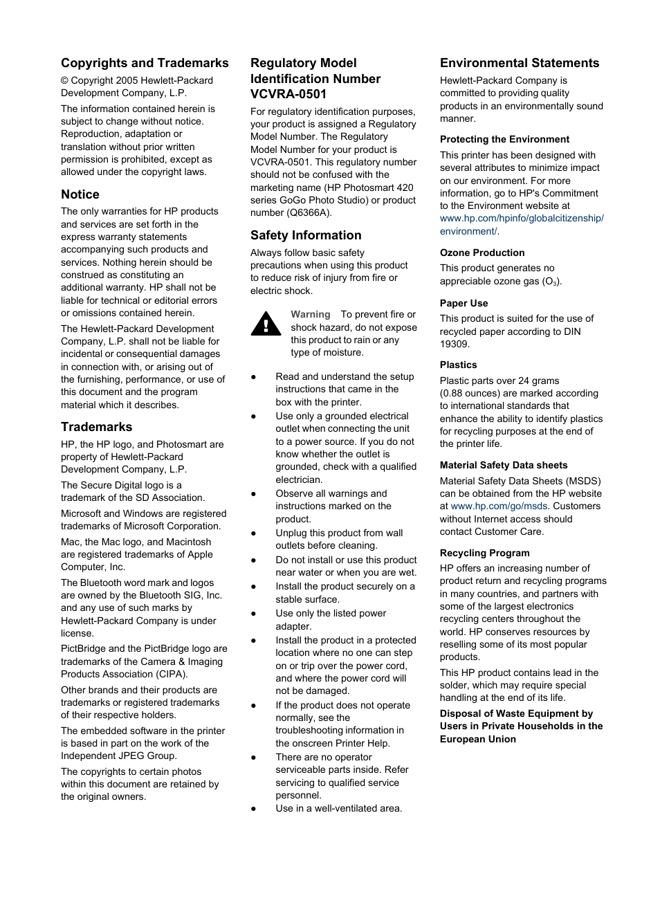 Copyrights and trademarks, Notice, Trademarks | Regulatory model identification number vcvra-0501, Safety information, Environmental statements | HP Photosmart 422 Portable Photo Studio User Manual | Page 3 / 61