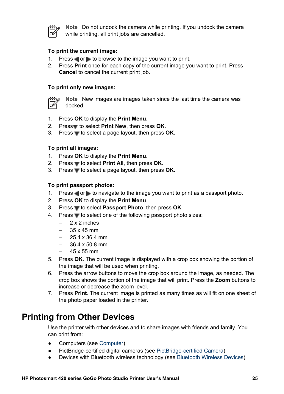 Printing from other devices, Computer, Pictbridge-certified camera | Printing from a pictbridge-certified camera, Bluetooth wireless devices, To print, Passport photos, Select | HP Photosmart 422 Portable Photo Studio User Manual | Page 30 / 61