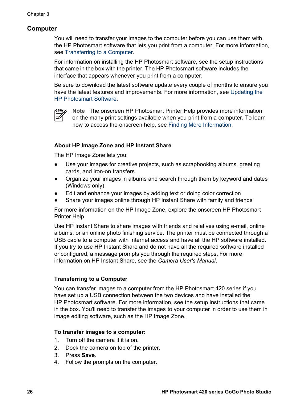 Computer, About hp image zone and hp instant share, Transferring to a computer | HP Photosmart 422 Portable Photo Studio User Manual | Page 31 / 61