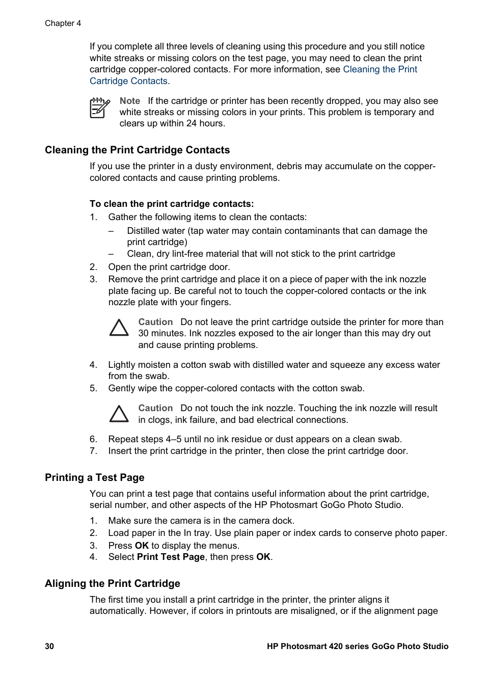 Cleaning the print cartridge contacts, Aligning the print cartridge | HP Photosmart 422 Portable Photo Studio User Manual | Page 35 / 61