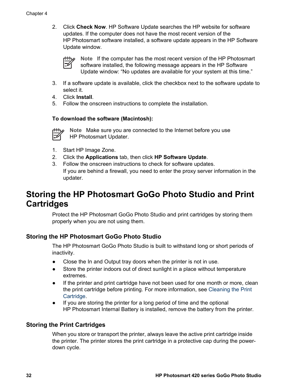 Storing the hp photosmart gogo photo studio, Storing the print cartridges | HP Photosmart 422 Portable Photo Studio User Manual | Page 37 / 61